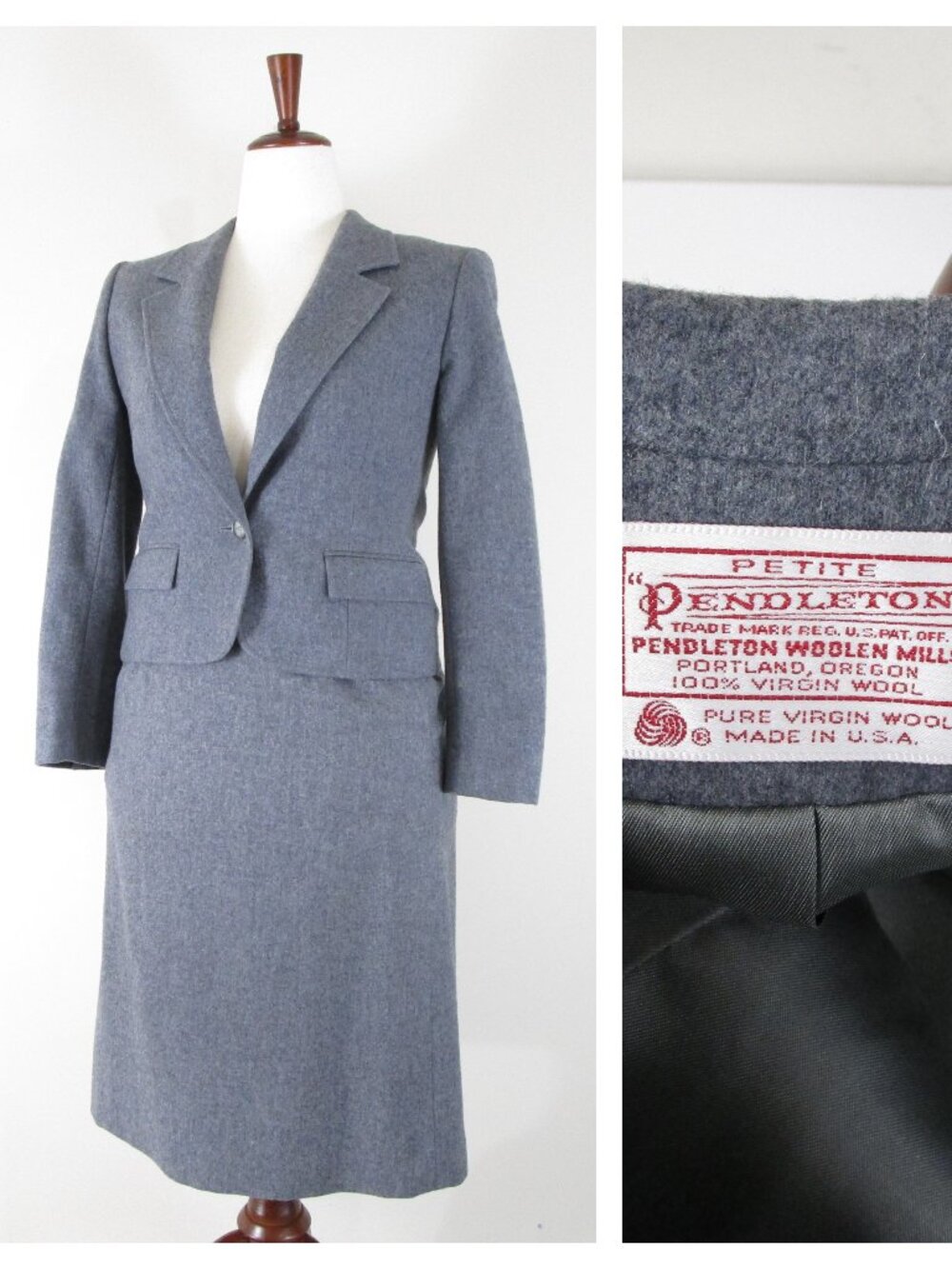 Vintage Pendleton Petite Gray Wool Tweed Skirt Suit 8 10 Formal Business Career